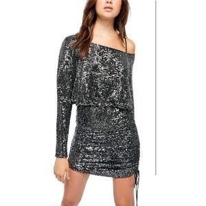 Free People Giselle Sequin Mini Dress Black Green Off Shoulder Large NWT $168